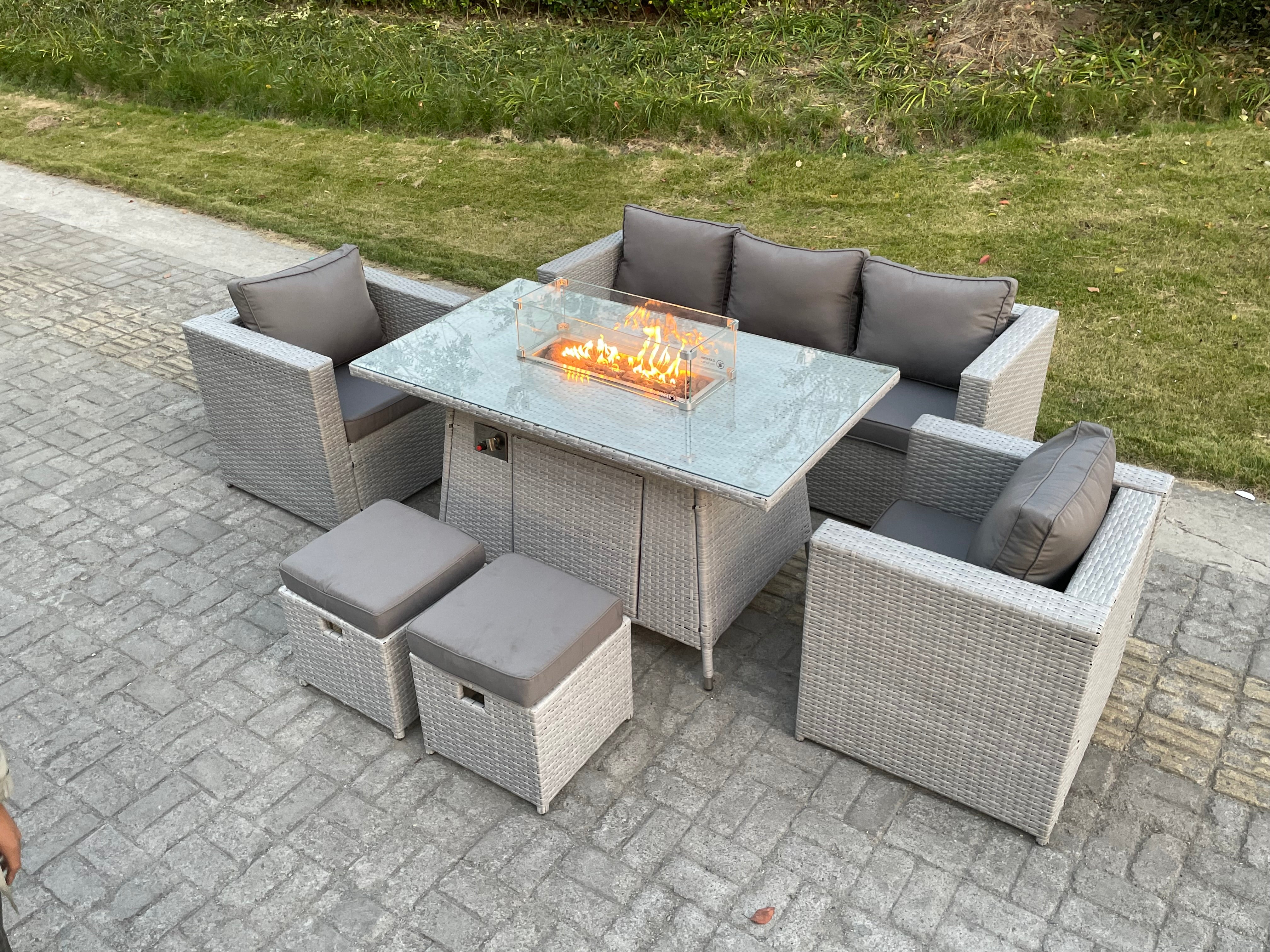 Light Grey Rattan Garden Furniture Set Gas Fire Pit Dining Table Set Heater Burner Chairs With 2 PC Stools