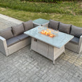 Light Grey Corner Rattan Fire Pit Garden Furniture Set Gas Heater Burner Lounge Sofa Dining Table With Side Coffee Table