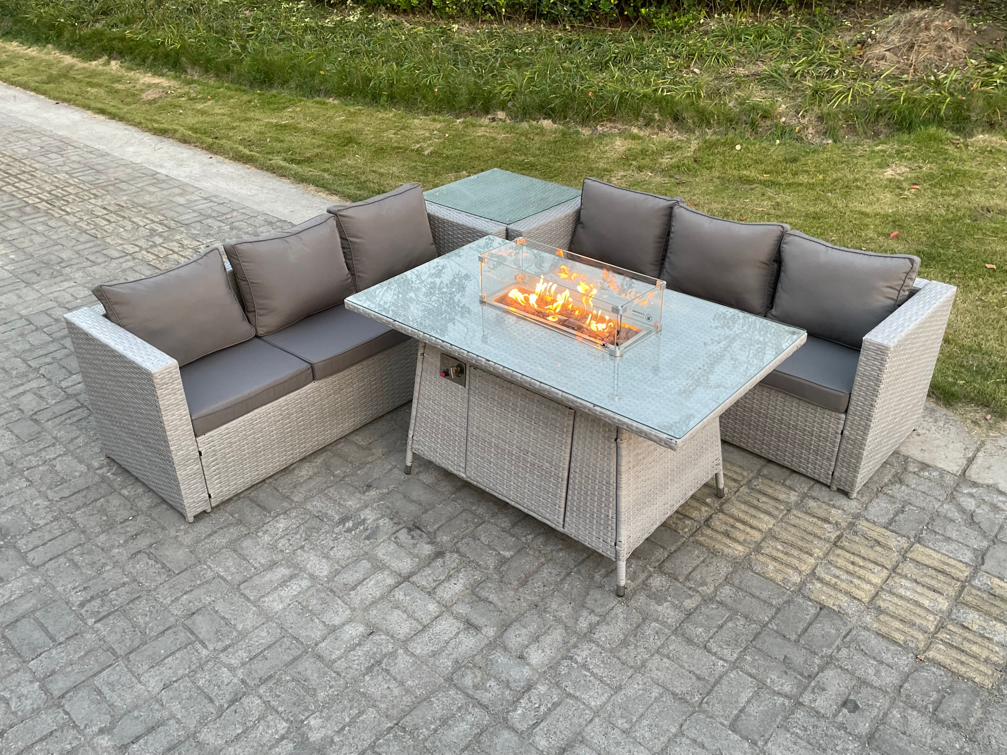 Light Grey Corner Rattan Fire Pit Garden Furniture Set Gas Heater Burner Lounge Sofa Dining Table With Side Coffee Table