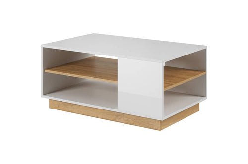 White and wooden TV stand on a white background