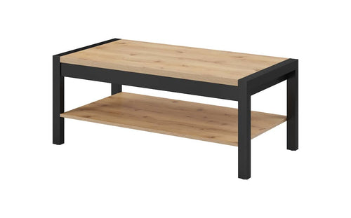 Coffee table with wooden top and shelf on a white background