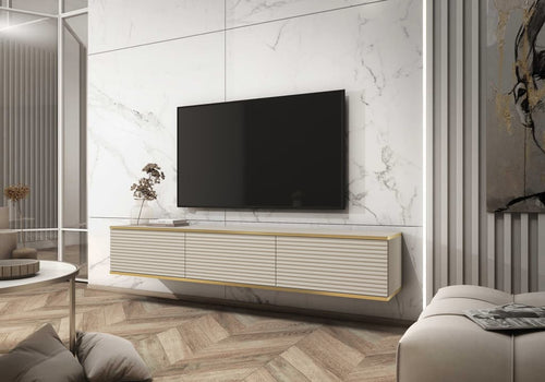 Modern living room with a television mounted on a marble wall.