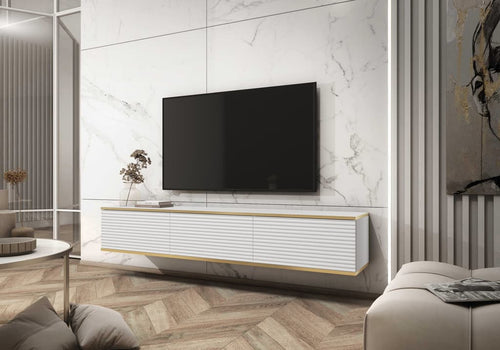 Modern living room with a television mounted on a marble wall.