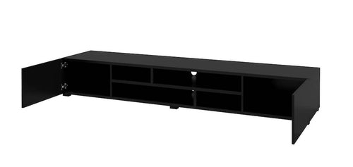 Black L-shaped TV stand on a white background
