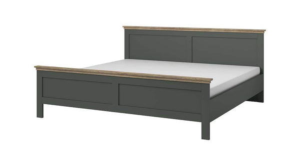 Gray bed frame with wooden accents on a white background