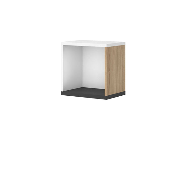 Small storage unit with white top and wooden side on a white background