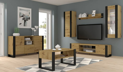 Modern living room with wooden furniture, TV, and decor.
