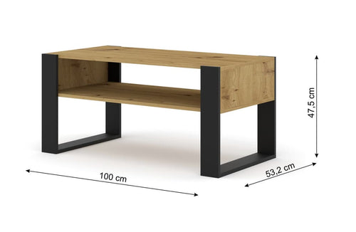 Wooden table with black metal legs and dimensions displayed on a white background