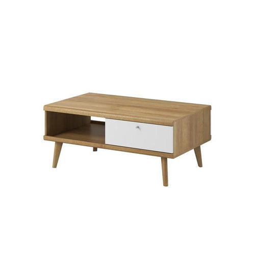 Wooden coffee table with a white drawer on a white background