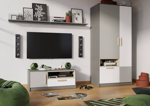Living room setup with a TV, speakers, and a wardrobe.
