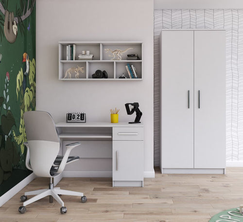 Modern home office with white desk, chair, and shelves.