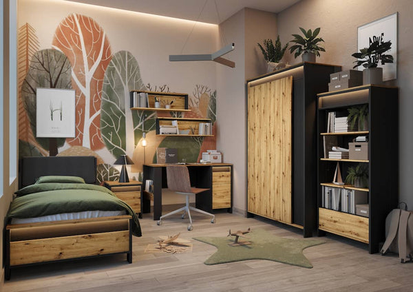 Modern bedroom with wooden furniture, including a bed, desk, and wardrobe.
