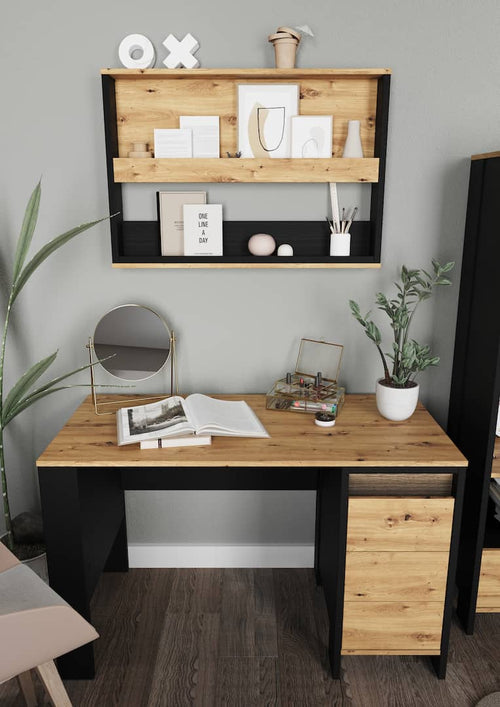 Wooden desk with shelves and decorative items in a room setting