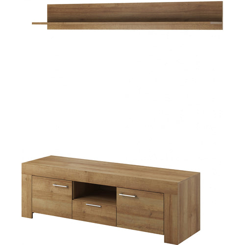 Wooden TV stand with two drawers and a shelf on a white background