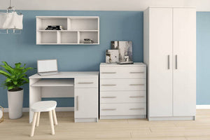 White office desk with chair, cabinet, and shelves against a blue wall.