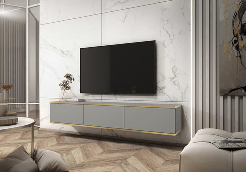 Modern living room with a television mounted on a marble wall.