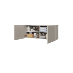 Gray storage cabinet with open door on a transparent background