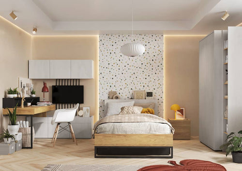 Modern bedroom with a bed, desk, and wardrobe.