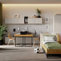 Modern bedroom with desk, bed, and decor elements