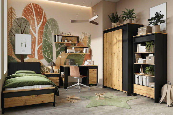 Modern bedroom with wooden furniture, including a bed, desk, and wardrobe.