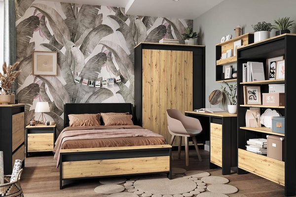 Modern bedroom with wooden furniture, including a bed, desk, and bookshelf.