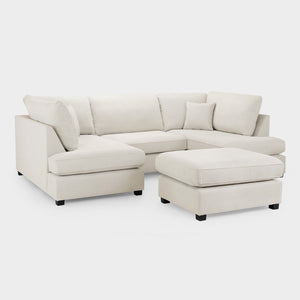 Beige sectional sofa with ottoman on a white background