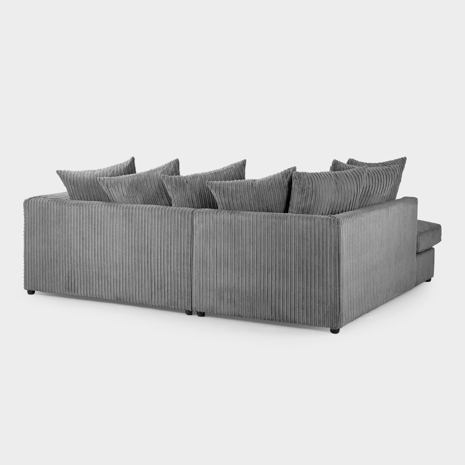 Gray sectional sofa with multiple cushions on a white background