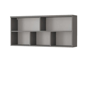 Gray wall-mounted shelf with five square compartments on a white background