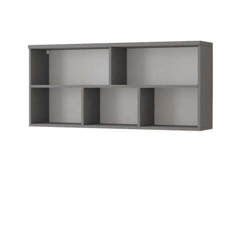 Gray wall-mounted shelf with five square compartments on a white background