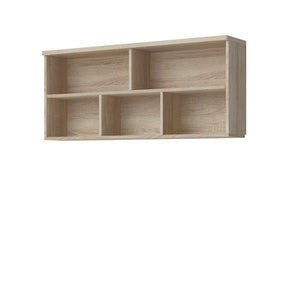 Wooden bookshelf with five compartments on a white background